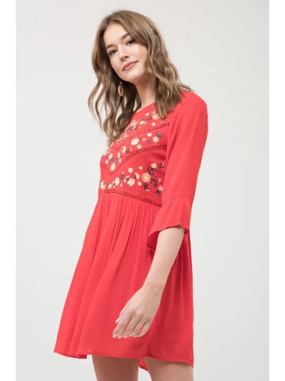Anthropologie Moon River NWOT red floral embroidered bell sleeve tunic dress, L